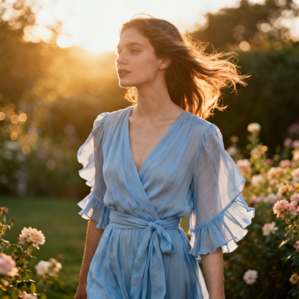 AI sky-blue chiffon summer wrap dress