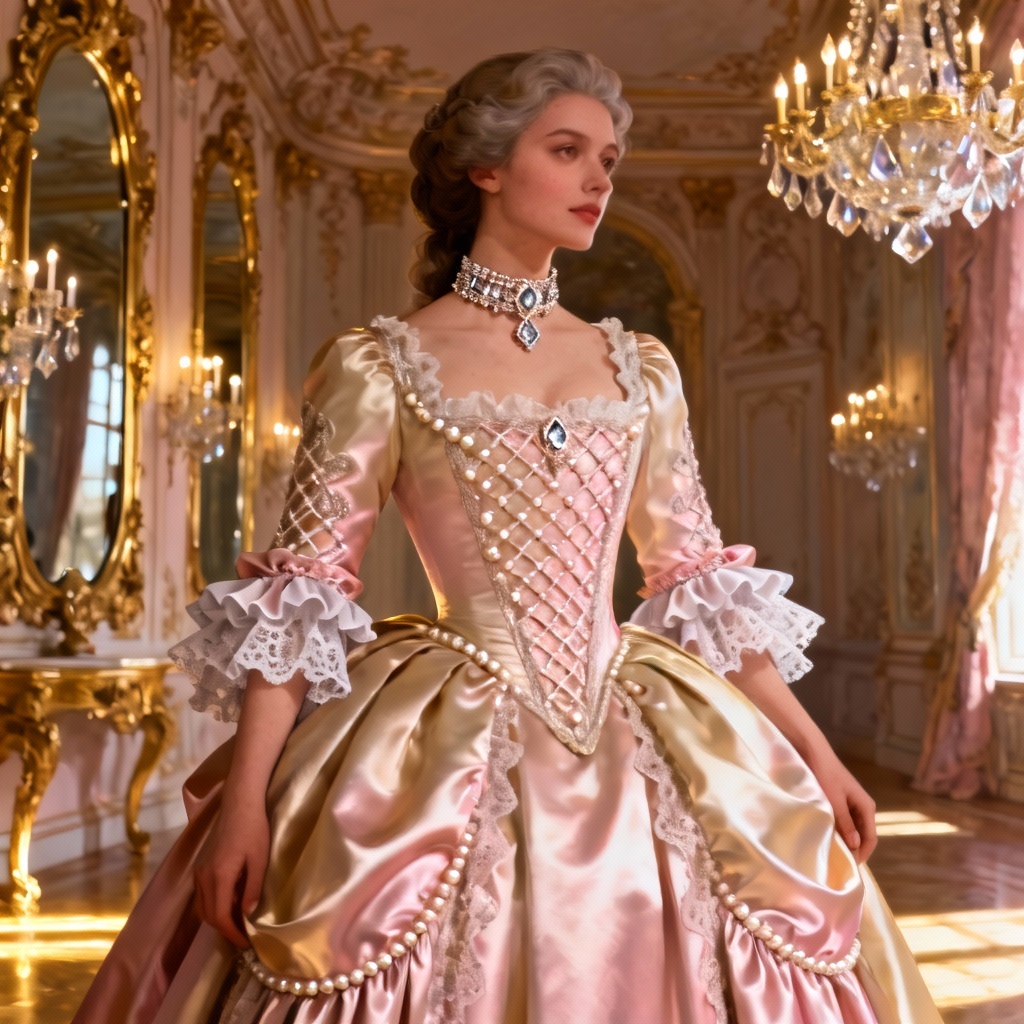 AI rococo princess dress with pearls and pannier skirt