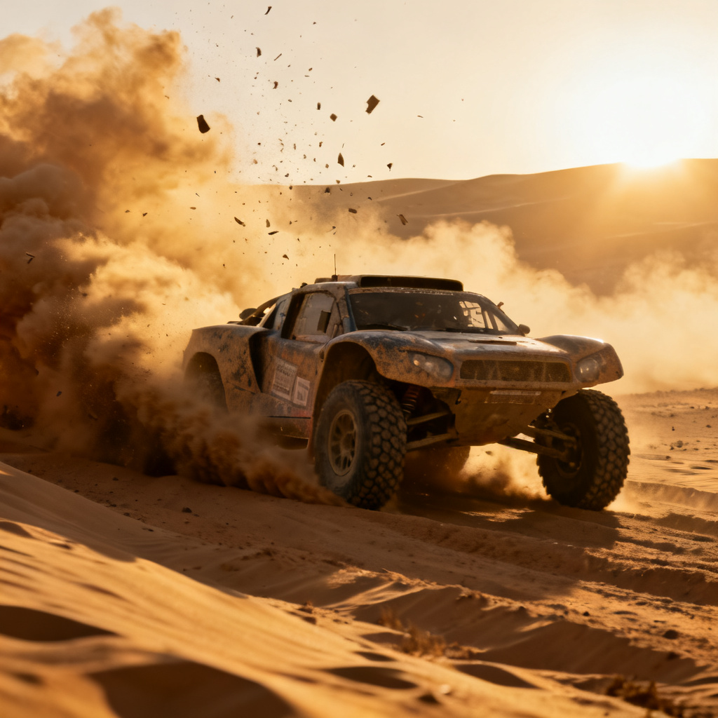 AI rally scene with dust trail and off-road action