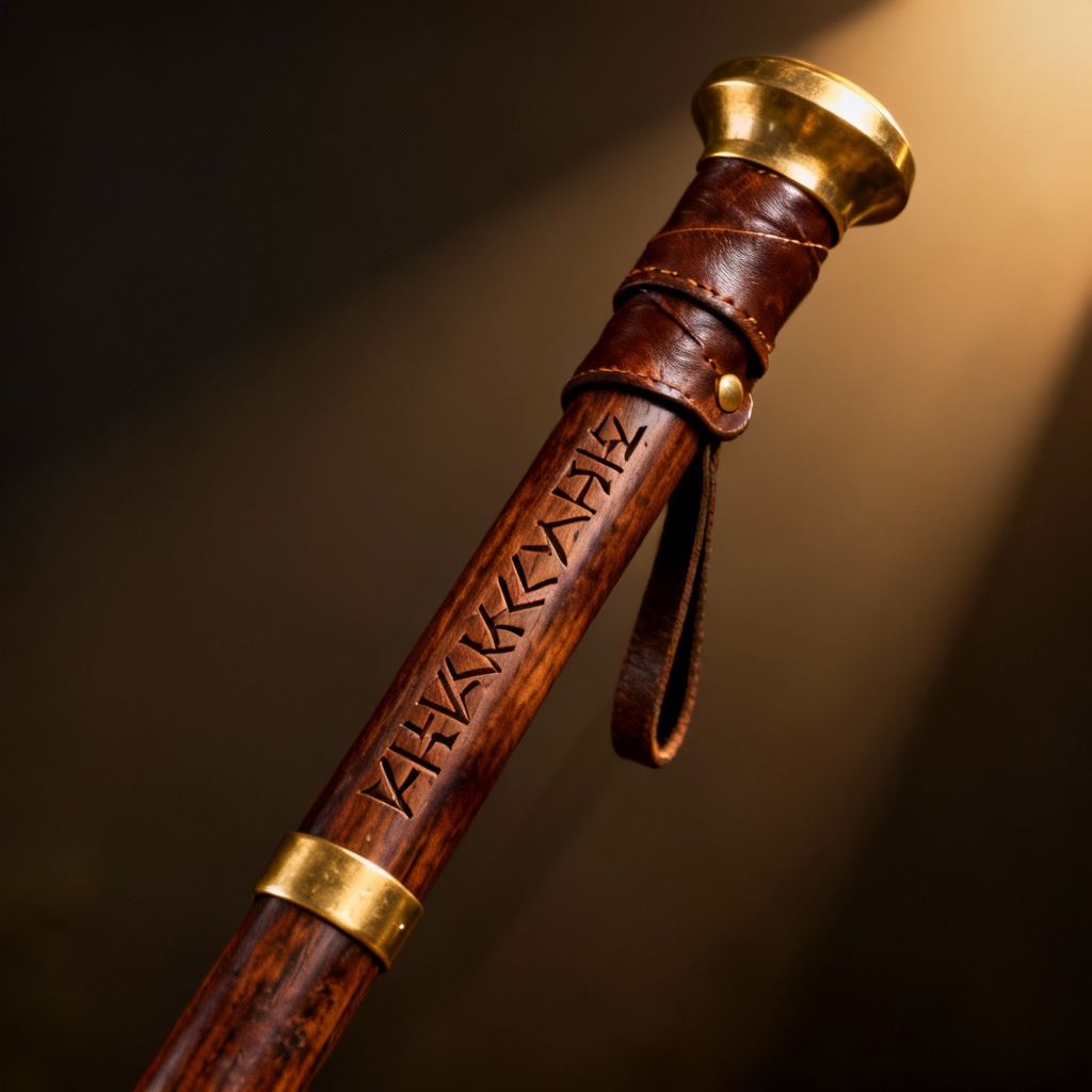 AI engraved hiking staff with leather wrap and brass cap