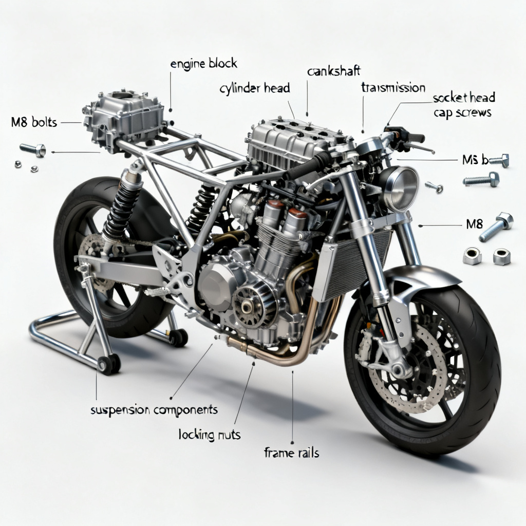 AI exploded view of motorcycle engine and chassis with labeled parts