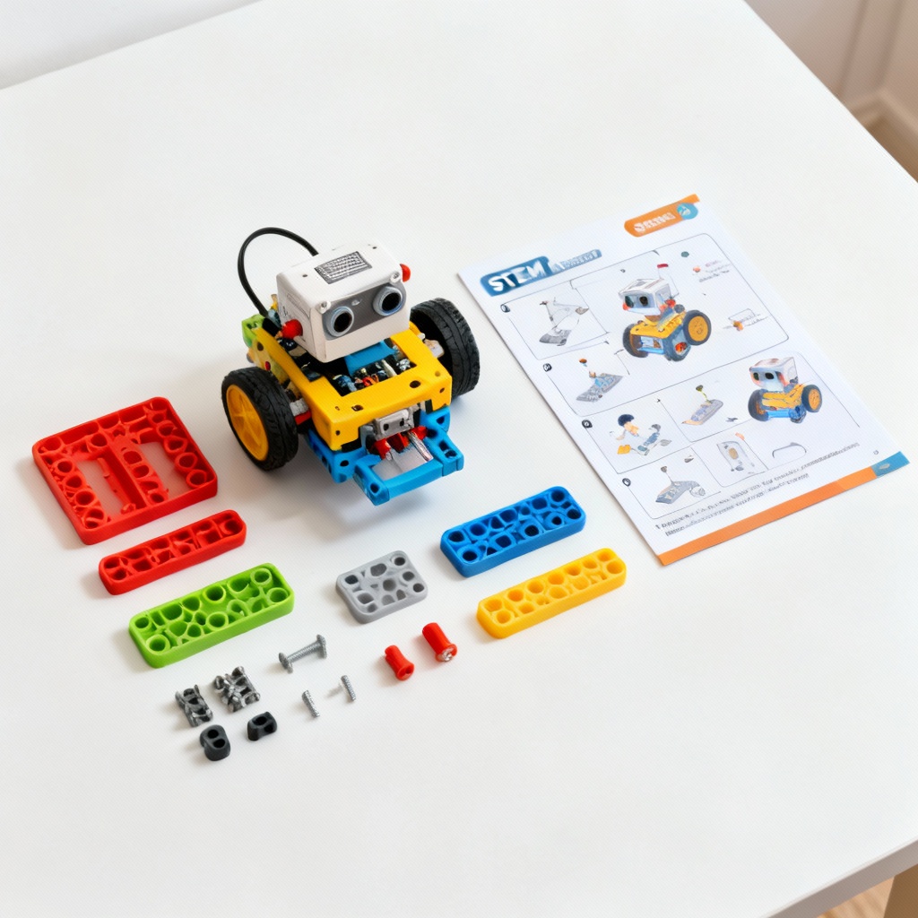 AI STEM robot build kit concept flatlay