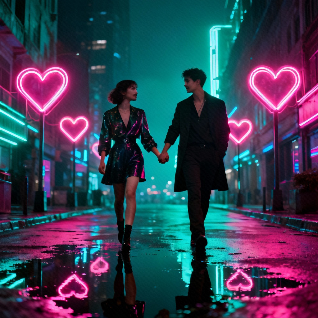 AI neon heart city Valentine couple