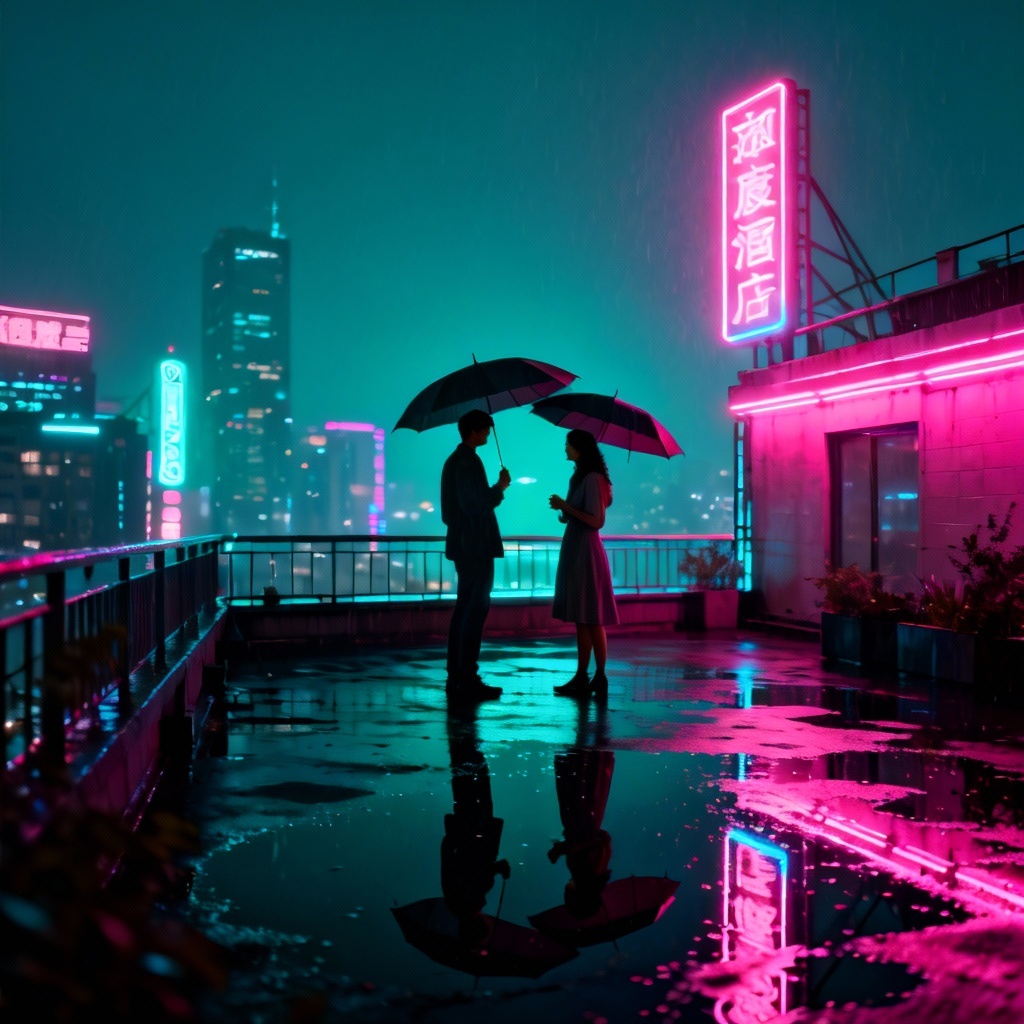 AI neon city rooftop romantic scene