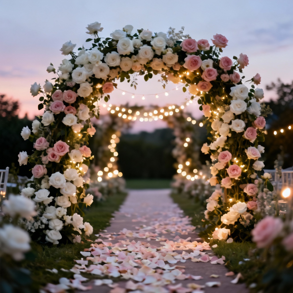 AI romantic wedding background with rose arch and fairy lights