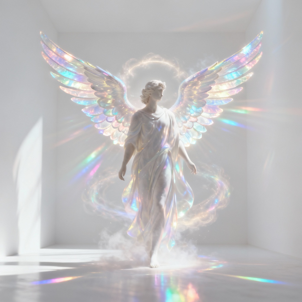 AI seraph with glowing multi-layer wings