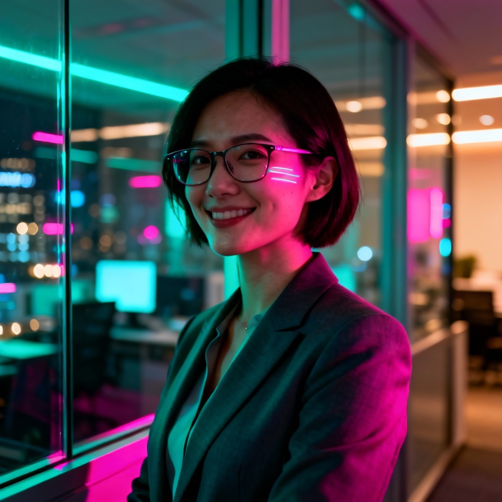 AI tech leader portrait with neon office ambiance