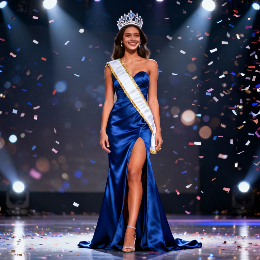 AI Miss World queen in sapphire gown with crown and sash on stage