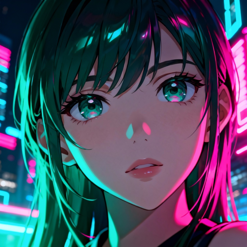AI-generated neon anime girl avatar close-up