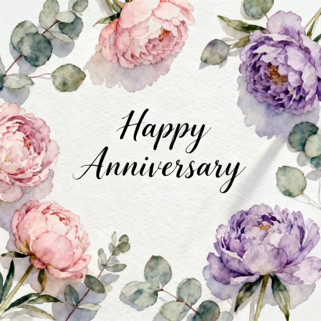 AI watercolor happy anniversary card with soft florals and calligraphy