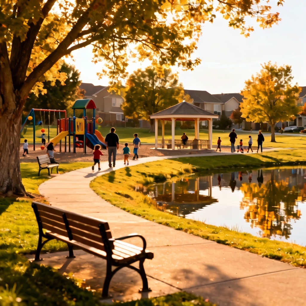 Family park in a suburb with playground and trees