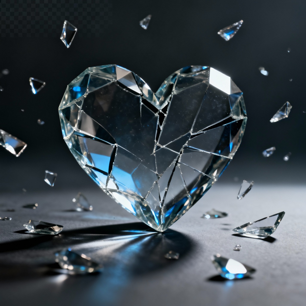 Broken glass heart PNG with shards on transparent background