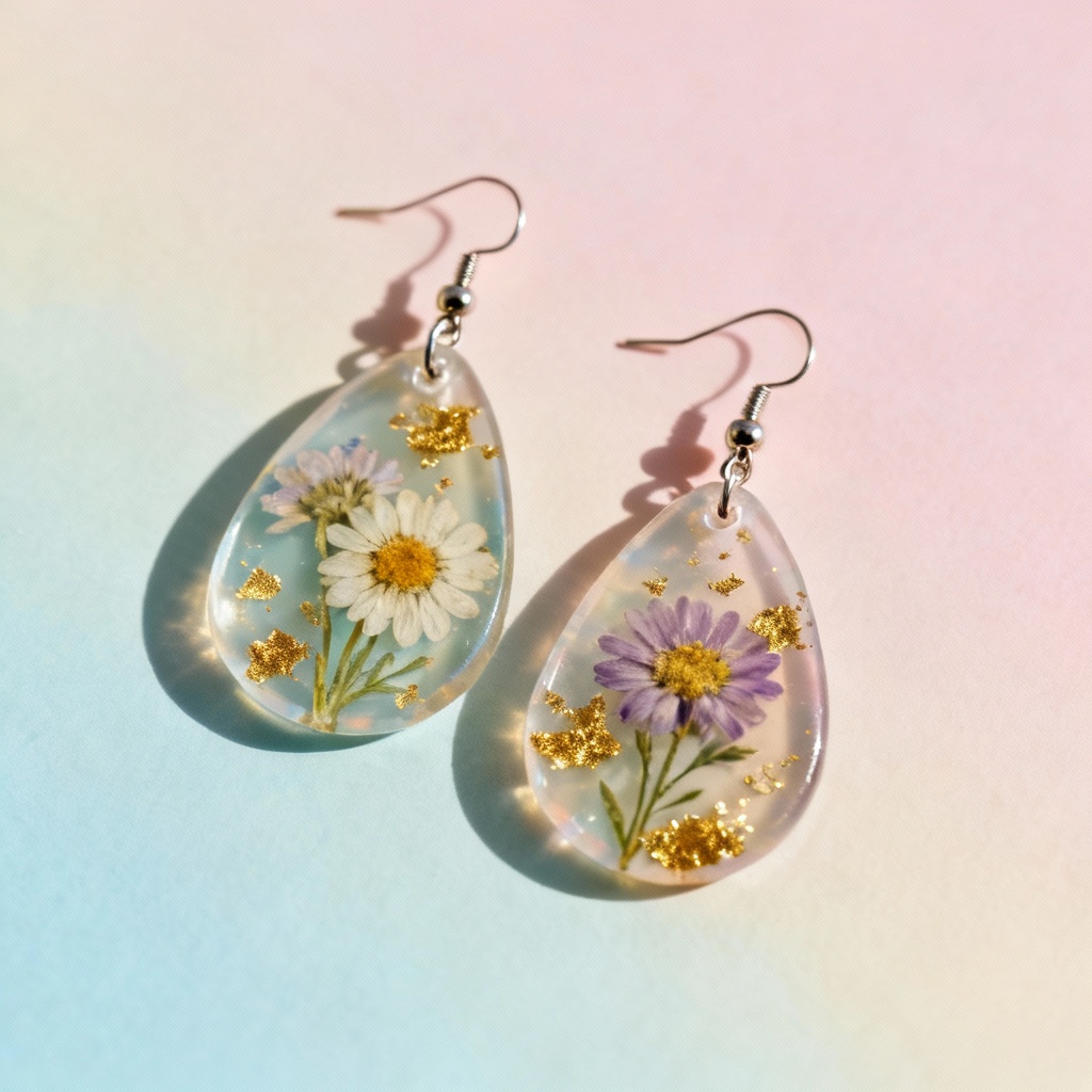 AI resin earrings with pressed flowers pastel backdrop