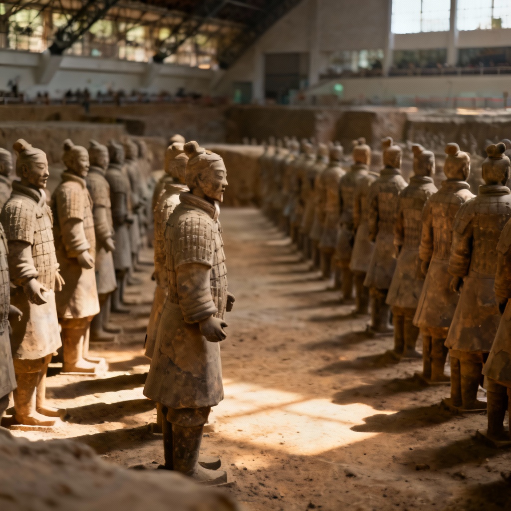 AI image of Terracotta Warriors with dramatic warm lighting