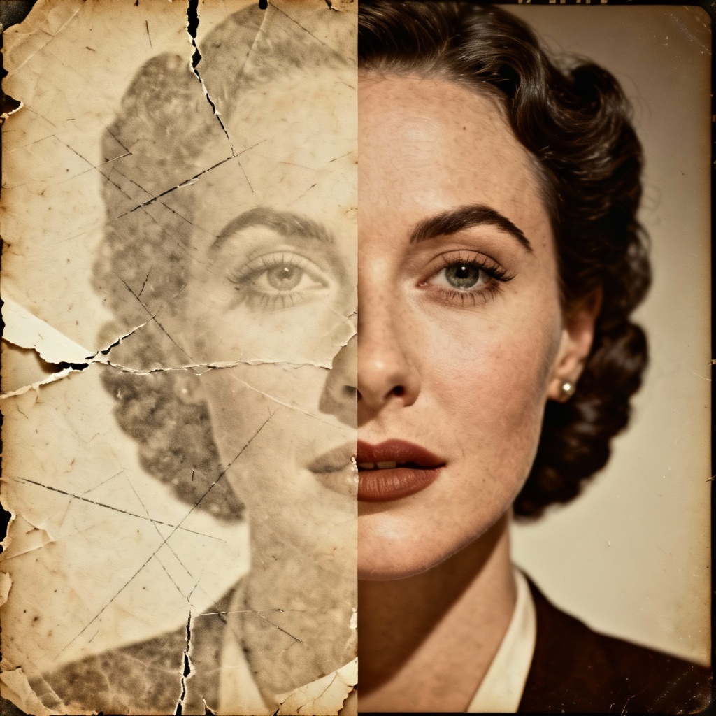 AI restore old mon photo before and after of a vintage portrait