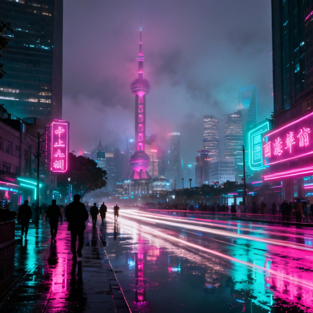 AI cyberpunk Shanghai skyline with neon lights and reflections