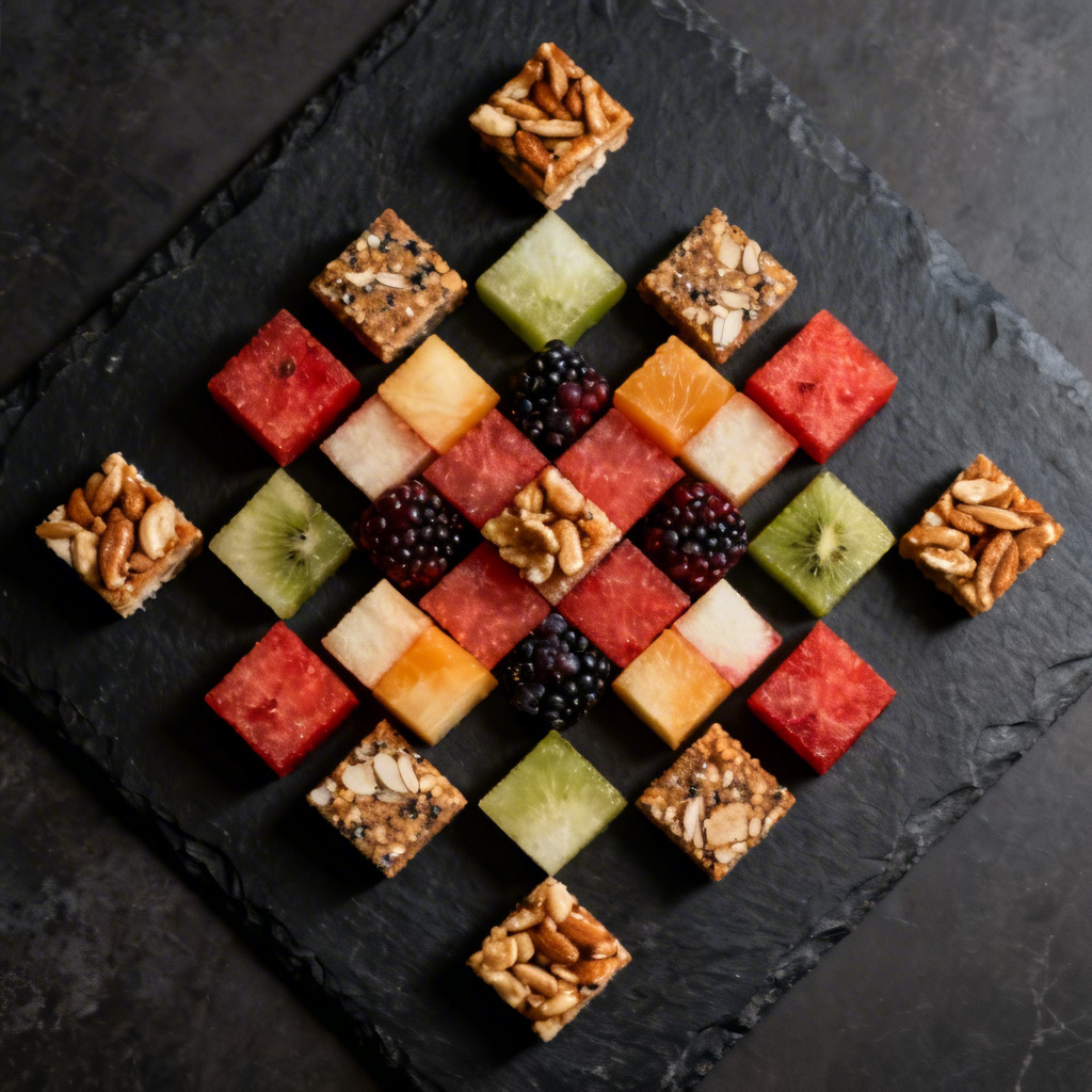 AI geometric food arrangement with clean grid patterns