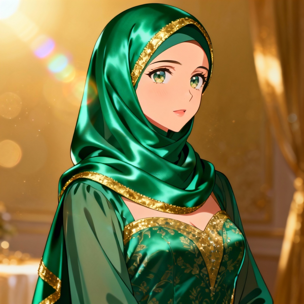 AI anime hijab evening portrait with emerald silk hijab