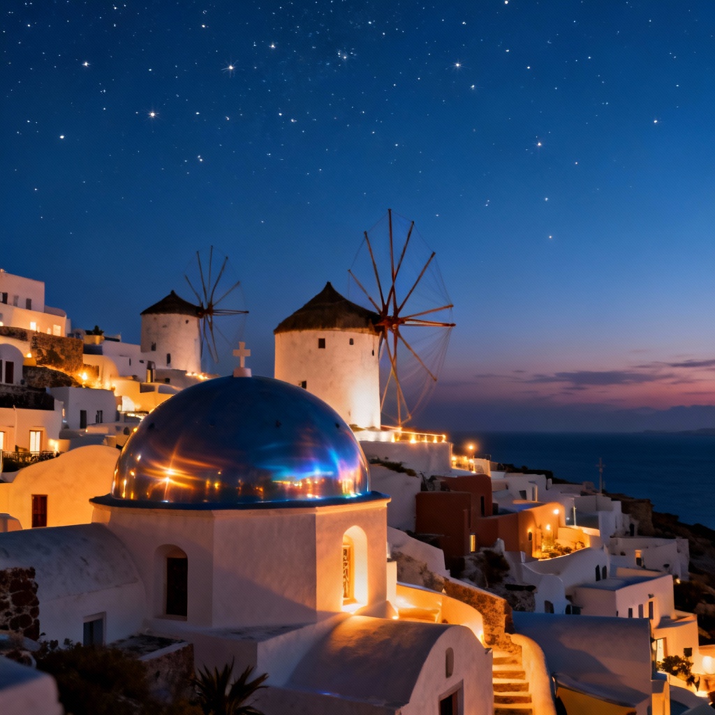 AI nightscape of Oia windmills and illuminated Cycladic village