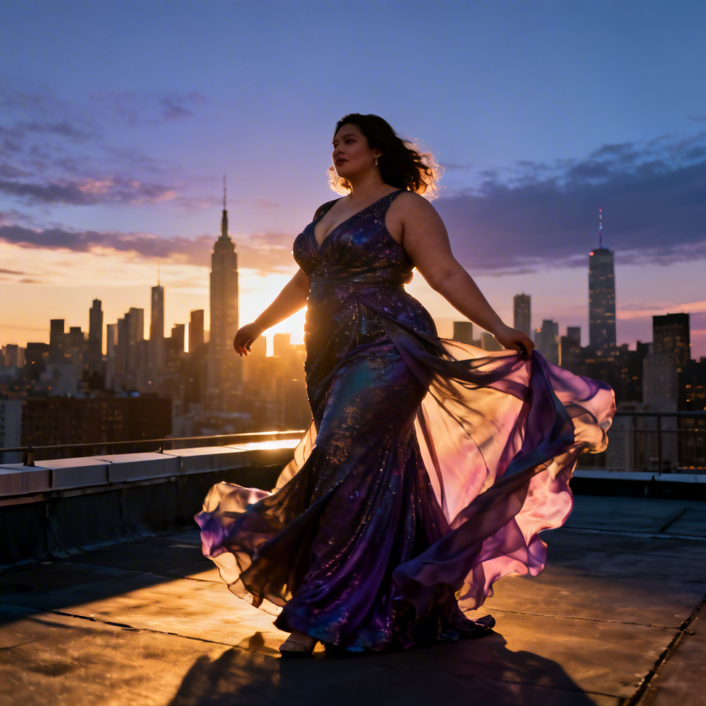 AI elegant chubby girl in evening dress on rooftop