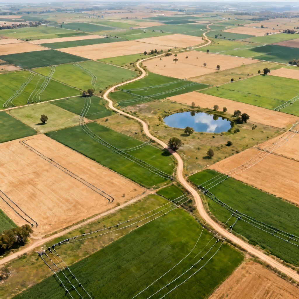 AI drone view of patchwork farmlands with rivers and roads