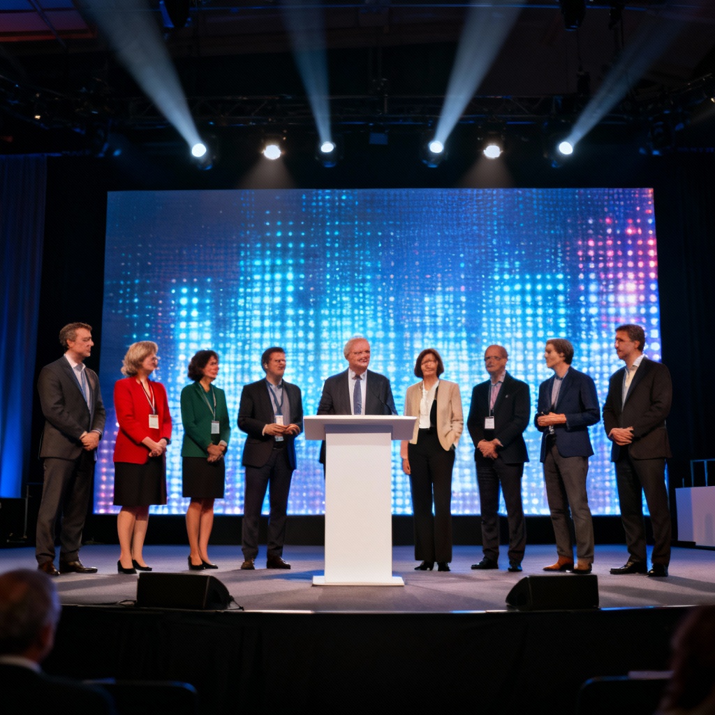 AI conference speakers group shot on stage