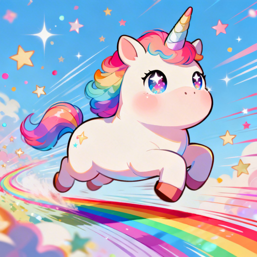 Anime chubby unicorn running on rainbow