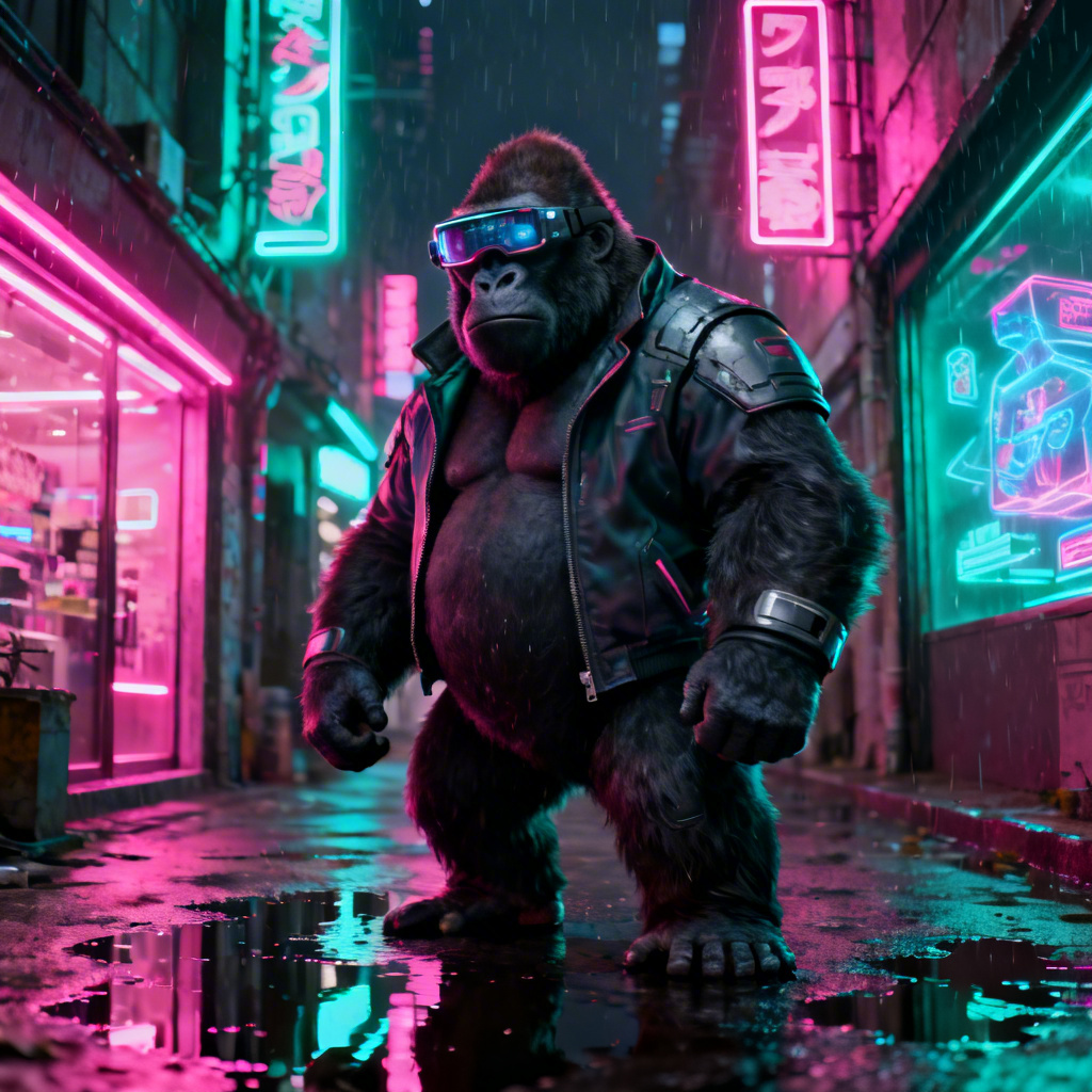 Neon cyberpunk chubby gorilla with glowing accents in a city scene