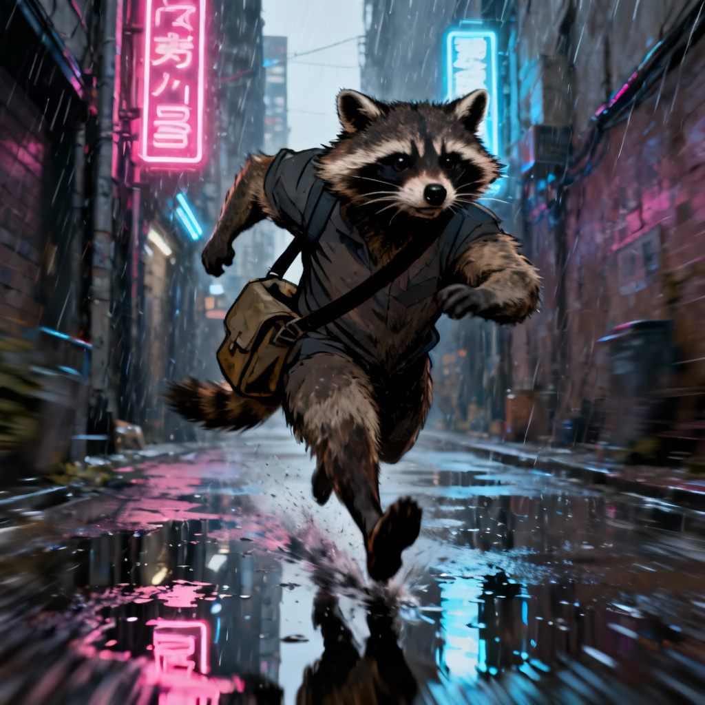 AI cyberpunk raccoon furry courier running through neon rain