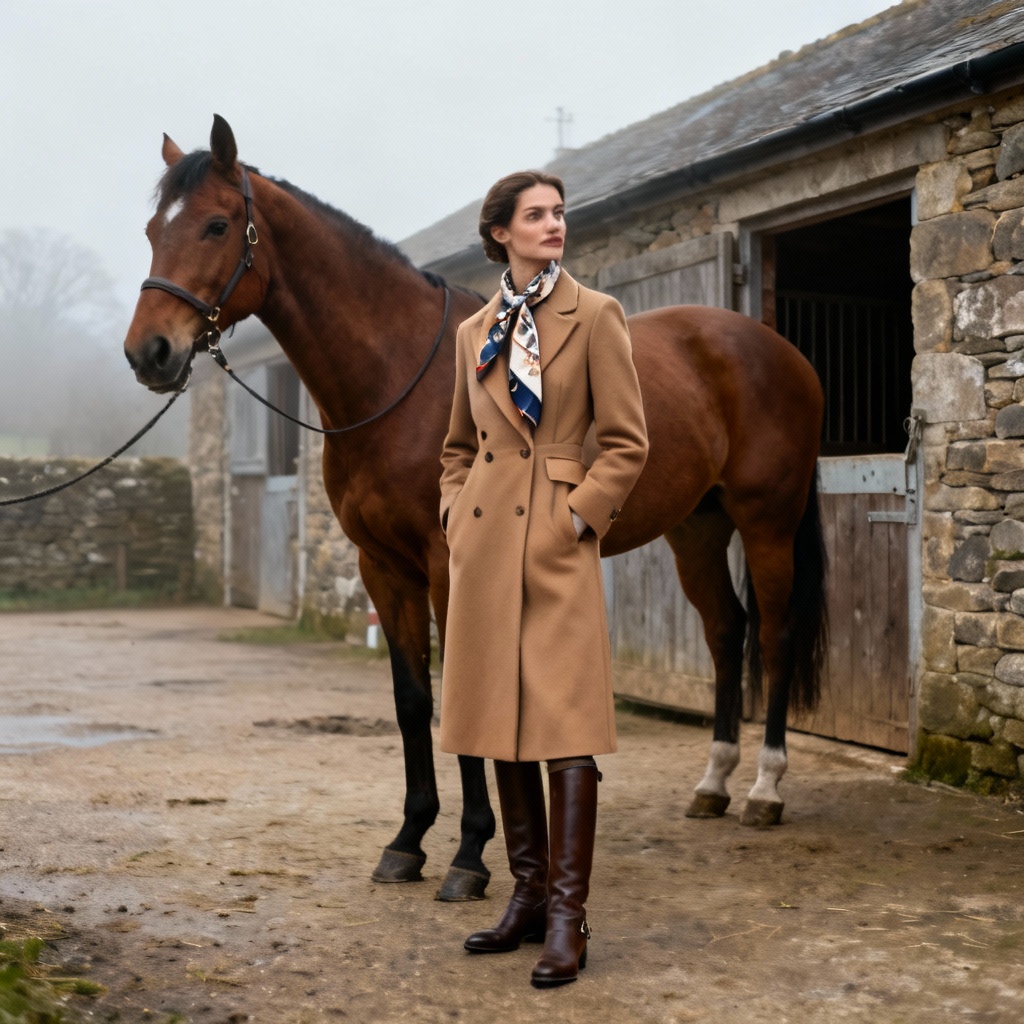 AI old money equestrian outfit near classic stables