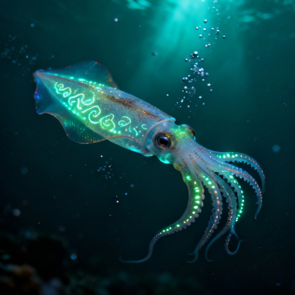 AI deep-sea bioluminescent squid portrait