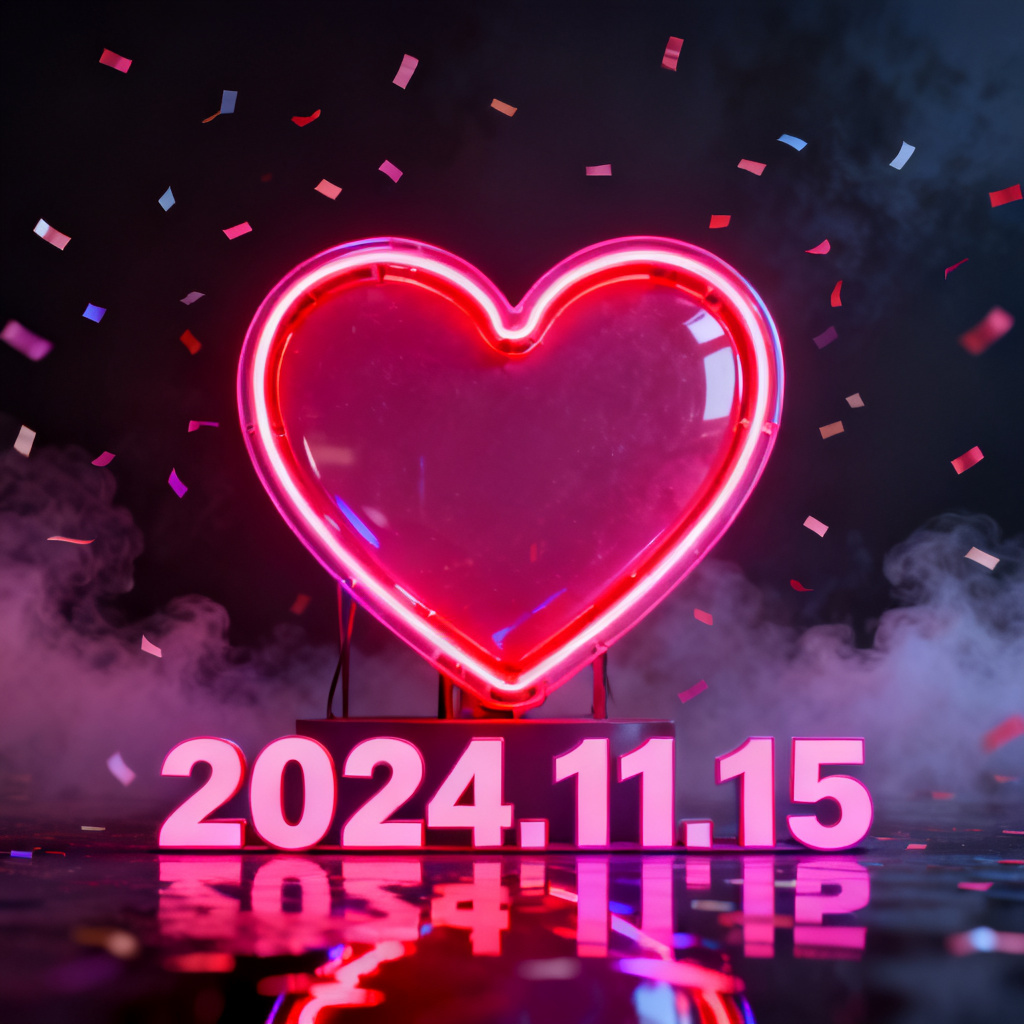 AI neon heart anniversary poster with glowing date typography