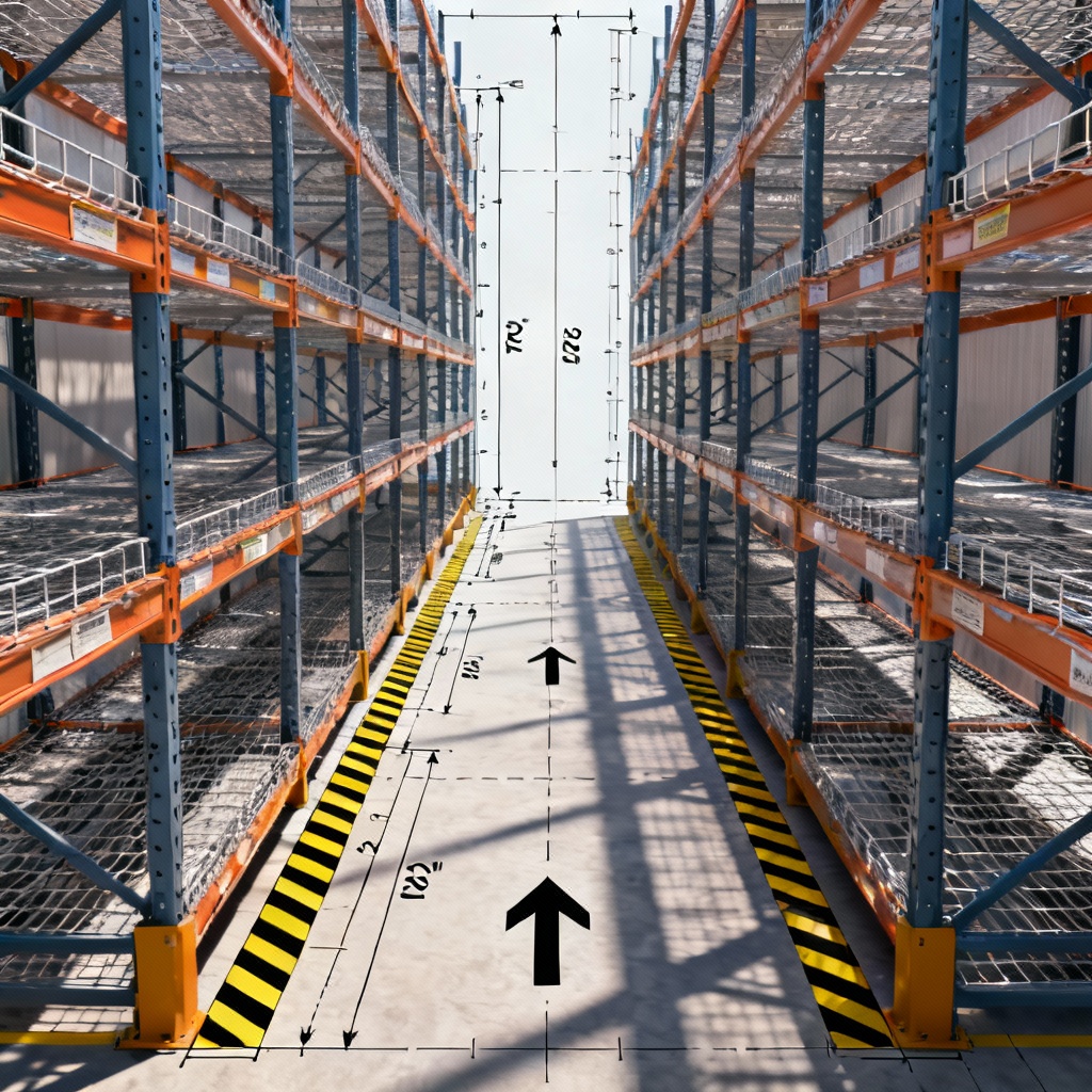 Narrow aisle industrial shelving with reach-truck lanes