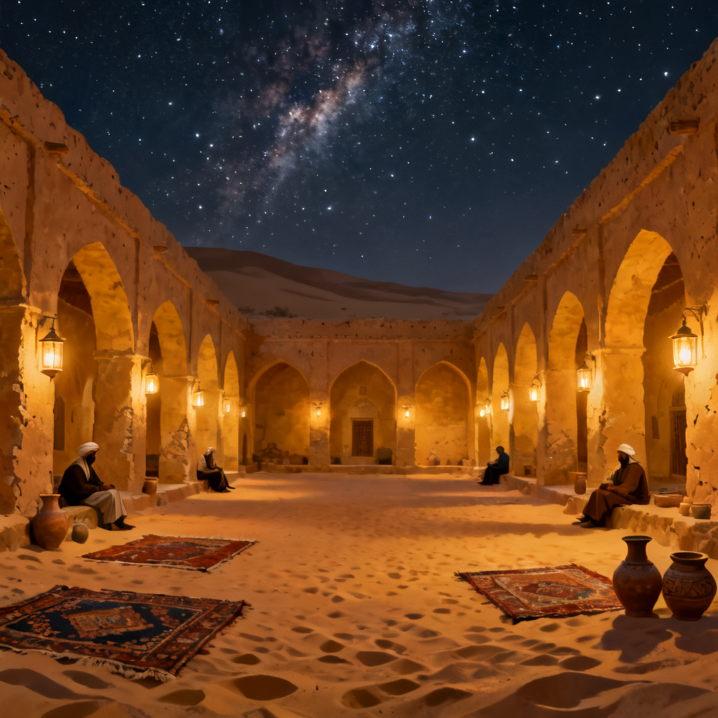 AI ancient desert caravanserai lit by lanterns under starry night