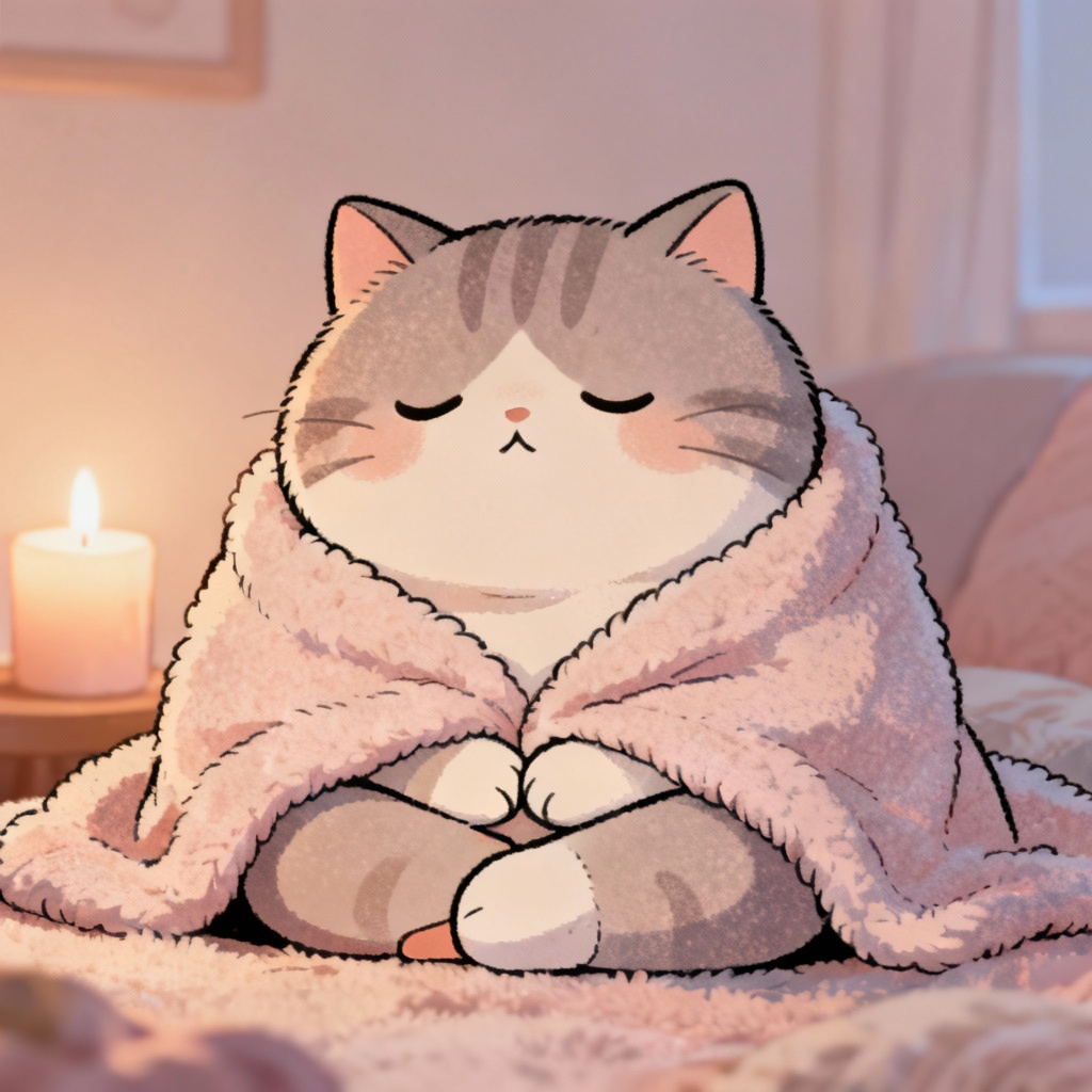 Cute AI chubby cat in child’s pose illustration