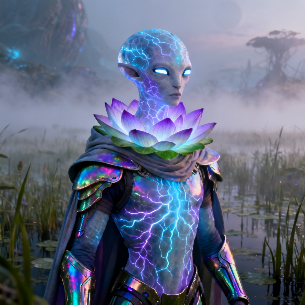 AI alien OC bioluminescent explorer portrait
