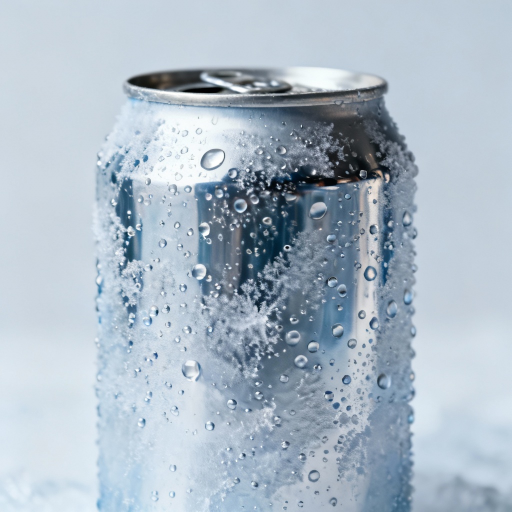 Product photo with condensation water droplets on can