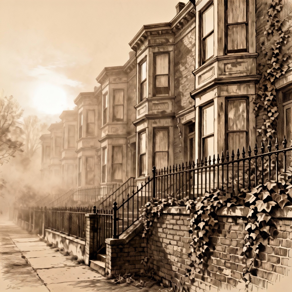 AI sepia Victorian rowhouses with mist