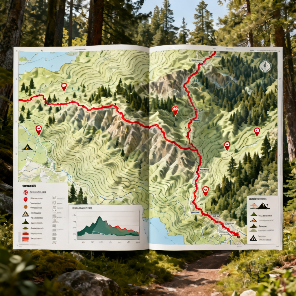 AI hiking trail atlas spread with topographic details
