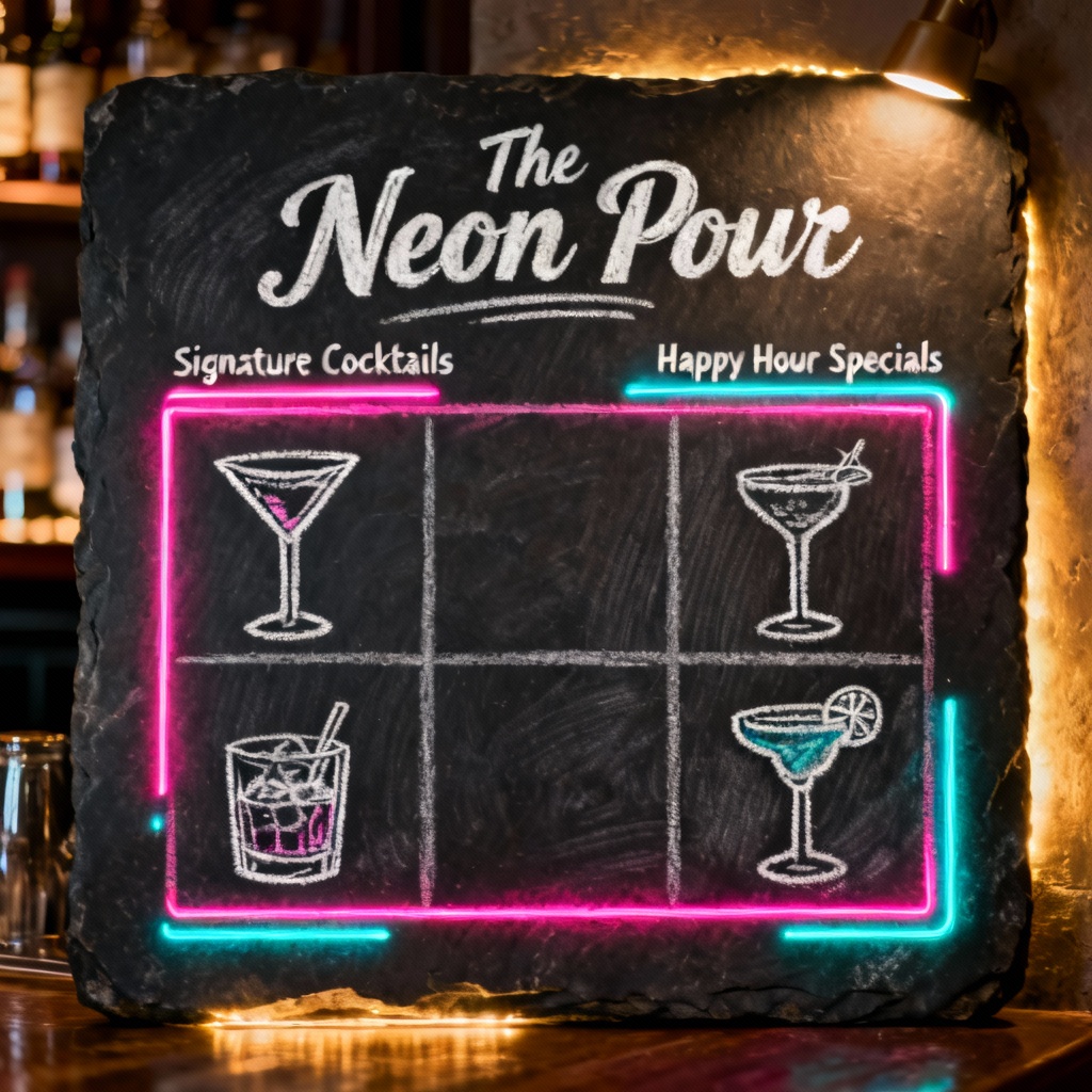Chalkboard cocktail menu with hand-drawn drinks and bold pricing