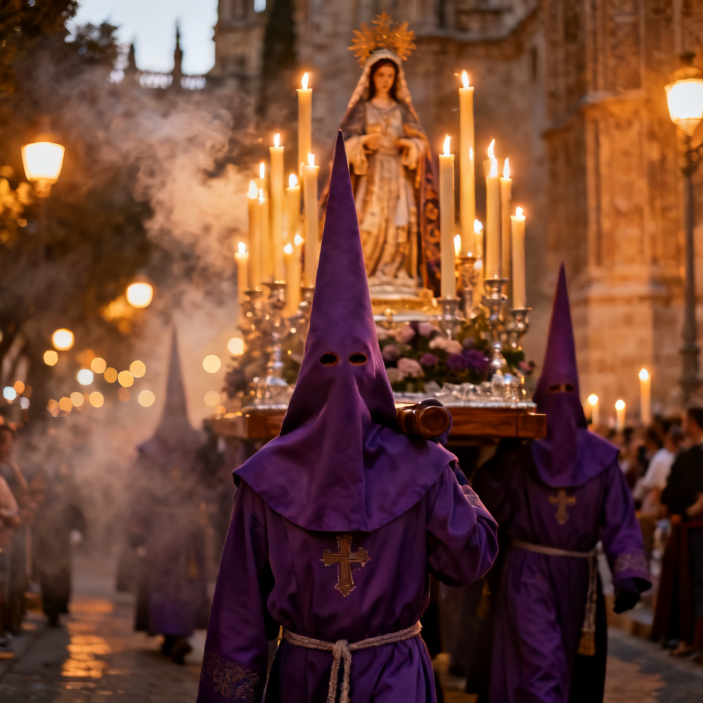 AI image of a Semana Santa 2026 procession by Seville Cathedral at golden hour