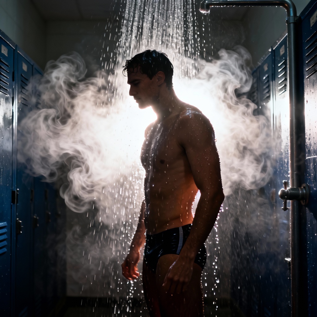 AI athlete cooldown in shower wearing swimwear