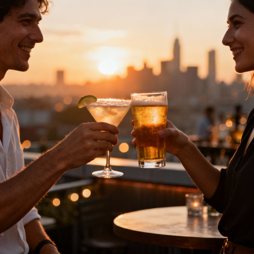 AI adults clinking drinks at sunset rooftop bar