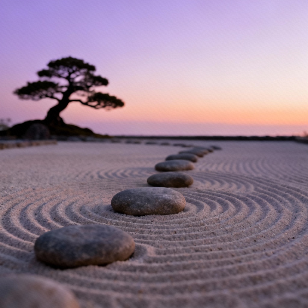AI serene zen garden at dusk with raked sand and stones