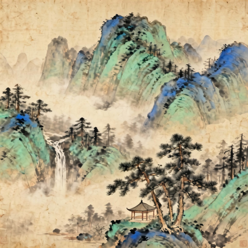 AI Tang Dynasty shanshui landscape with misty peaks