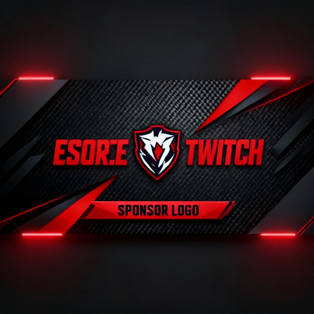 Dark esports Twitch banner with red highlights and sponsor strip