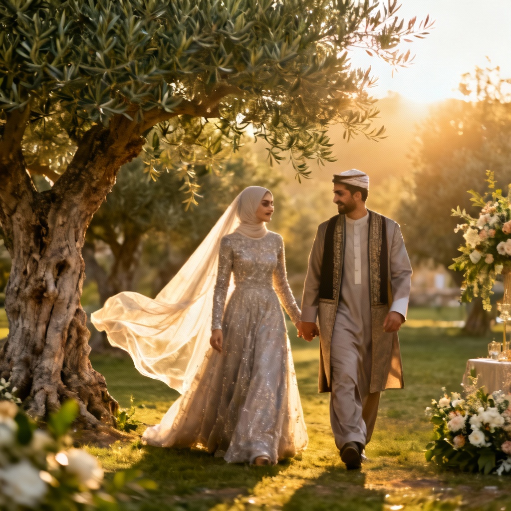 AI Arab Muslim wedding couple in garden walima reception