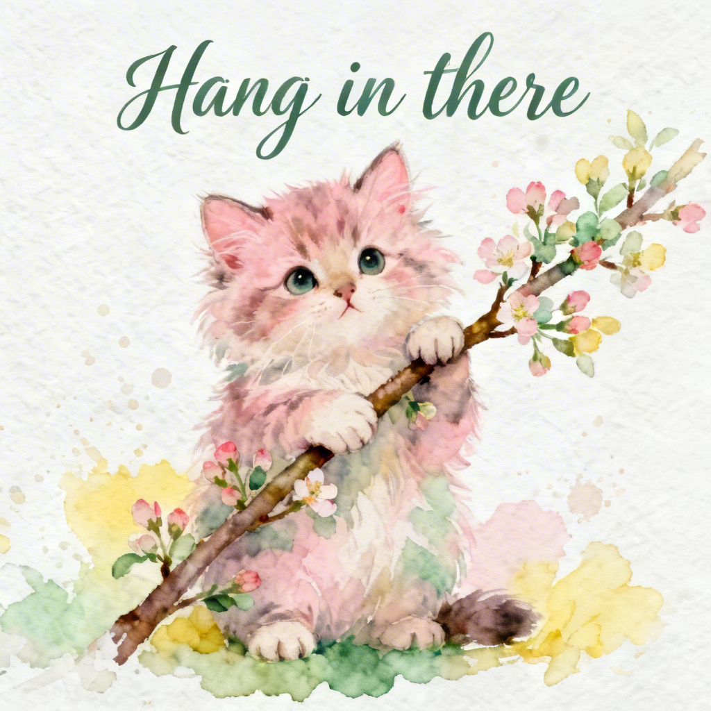Watercolor hang in there cat poster with hand-lettered script