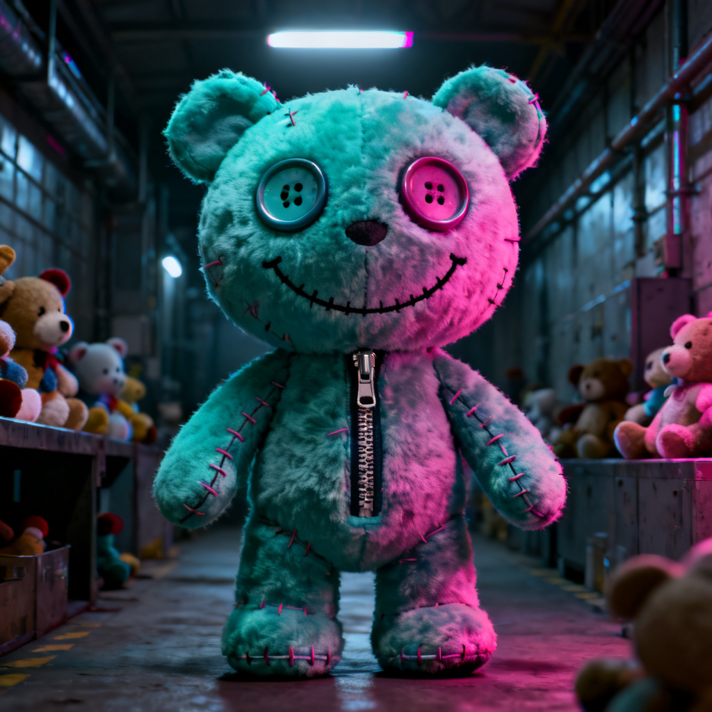 AI Poppy Playtime OC in a toy factory corridor with plush textures
