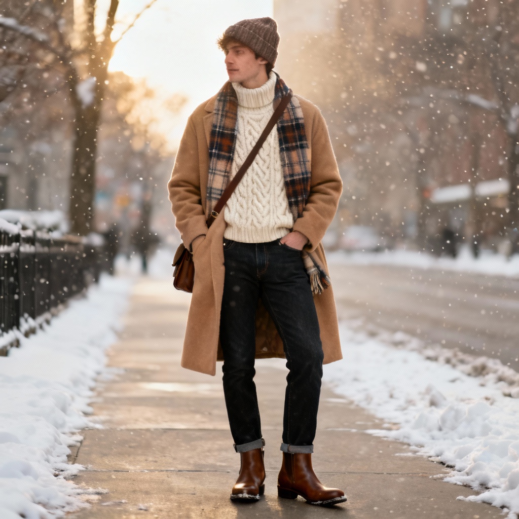 AI winter outfit with wool coat, knit, scarf, and boots on snowy street